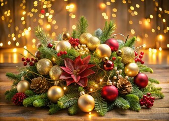 A stunning floral display is elevated by twinkling lights, shiny baubles, and delicate ribbons, transforming it into a breathtaking Christmas centerpiece.