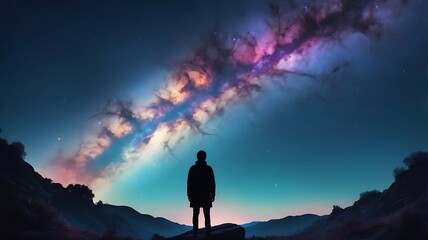 A starry night sky with a silhouette of a person gazin