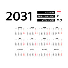 Calendar 2031 French language with Monaco public holidays. Week starts from Monday. Graphic design vector illustration.