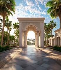 Fototapeta premium Stone Archway Entrance with Palm Trees and Sunny Sky