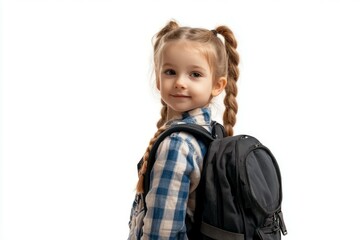 4 year old girl with backpack on white background. 