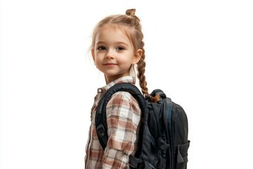 4 year old girl with backpack on white background. 