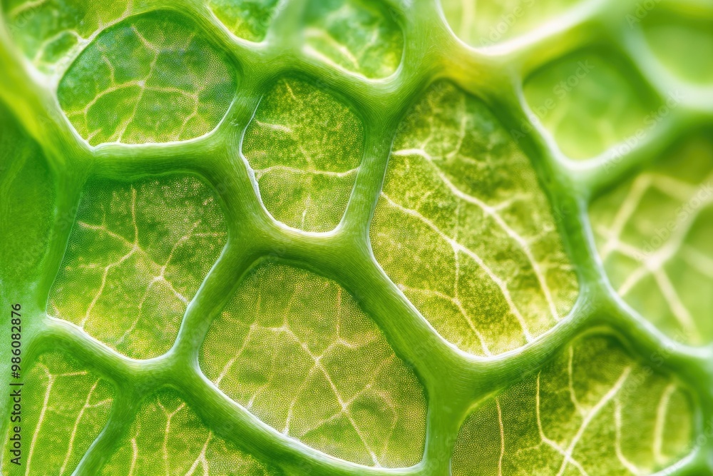 Poster close-up view of a vibrant green leaf texture showcasing intricate cellular patterns and natural bea