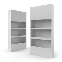 Supermarket Promotional Display Rack With Header, Three Tier Empty Product Display, PDQ Display Box With Two Different View, Floor Stand Display. 3D Render Illustration.