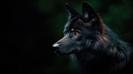 Naklejka premium A close-up portrait of a majestic black wolf in a lush, dark forest environment.