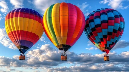 Fototapeta premium Three vibrant hot air balloons ascend against a backdrop of fluffy white clouds, their colorful patterns reflecting the clear blue sky