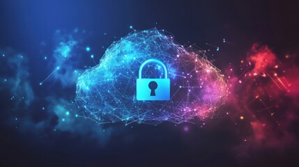 Abstract cloud network with a lock icon on dark background.