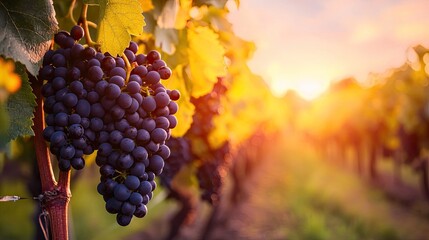 Grapes hanging in vineyard, sunset light, lush green leaves in background.