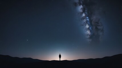 Fototapeta premium A starry night sky with a silhouette of a person gazin