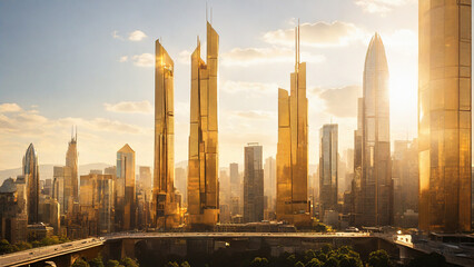 Modern city skyscrapers glowing in the golden afternoon light.