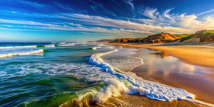 At sunset, the Benguela coastline reveals soft waves rolling onto golden sands, all beneath a clear blue sky, evoking tranquility and beauty in nature's splendor.
