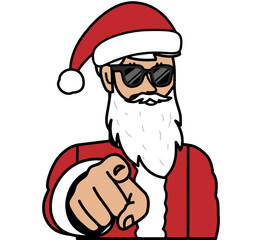 Santa Claus with glasses pointing his finger forward, call to action