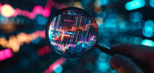 Closeup of a hand holding a magnifying glass over stock market ticker symbols, Finance, Market Analysis