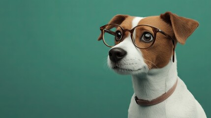 Hyperrealistic Dog with Glasses on Green Background, AI generated illustration