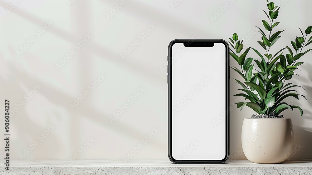 Poster white background with phone mockup and plant