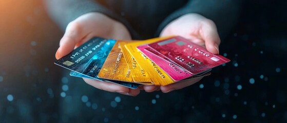 Closeup of hand holding multiple credit cards, symbolizing credit risk, Credit, Card