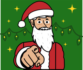 Santa Claus with his finger forward, call to action, Christmas background