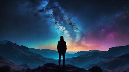 Fototapeta premium A starry night sky with a silhouette of a person gazin