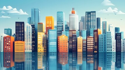 Obraz premium A vibrant city skyline featuring colorful buildings reflected on calm water, symbolizing urban life, architecture, and modern cityscapes.