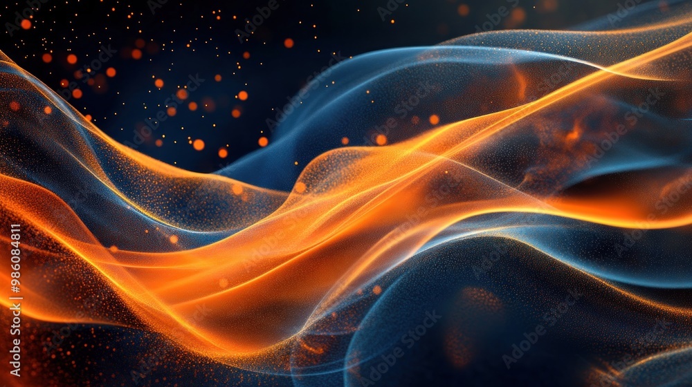 Wall mural abstract orange and blue waves with glowing particles on dark background.