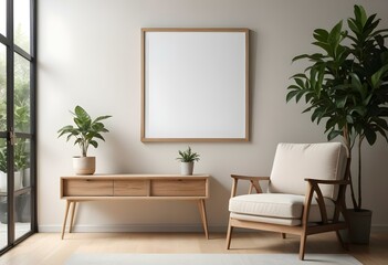 A modern living room with a large empty frame on the wall, a wooden console table, a beige armchair, and a potted plant.