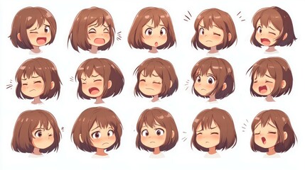different angles and emotional expressions of a cute female character, perfect for chat stickers. The isolated white background