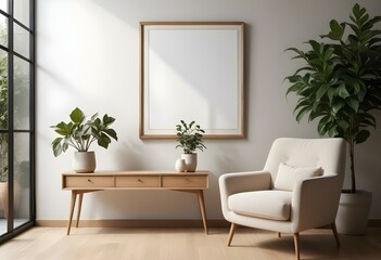 A modern living room with a large empty frame on the wall, a wooden console table, a beige armchair, and a potted plant.