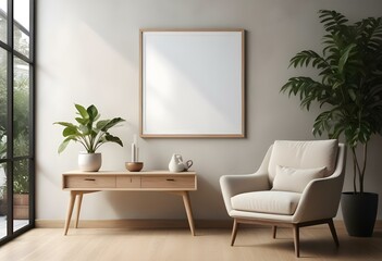 A modern living room with a large empty frame on the wall, a wooden console table, a beige armchair, and a potted plant.