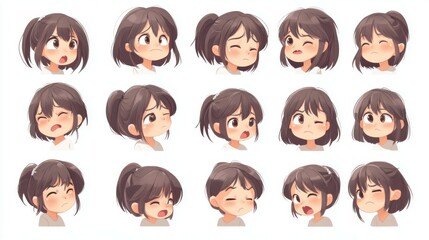 different angles and emotional expressions of a cute female character, perfect for chat stickers. The isolated white background