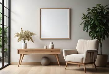 A modern living room with a large empty frame on the wall, a wooden console table, a beige armchair, and a potted plant.