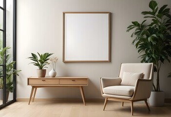 A modern living room with a large empty frame on the wall, a wooden console table, a beige armchair, and a potted plant.