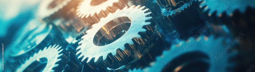 Poster close-up of interconnected gears showcasing intricate design and mechanical precision. ideal for tec