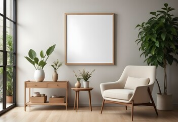 A modern living room with a large empty frame on the wall, a wooden console table, a beige armchair, and a potted plant.