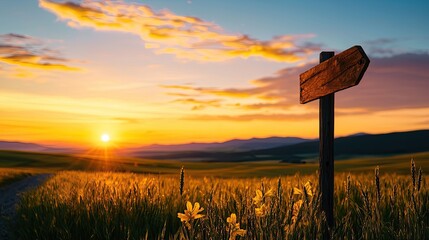 Scenic sunset view with a directional sign in a vibrant grass field.