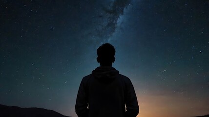 A starry night sky with a silhouette of a person gazin