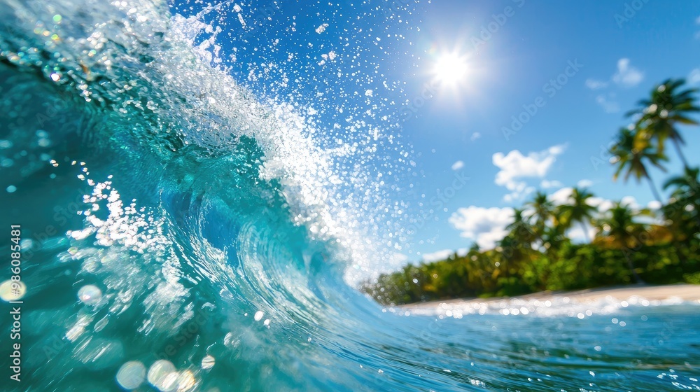 Wall mural waves crashing on a sunny beach with palm trees in the background.