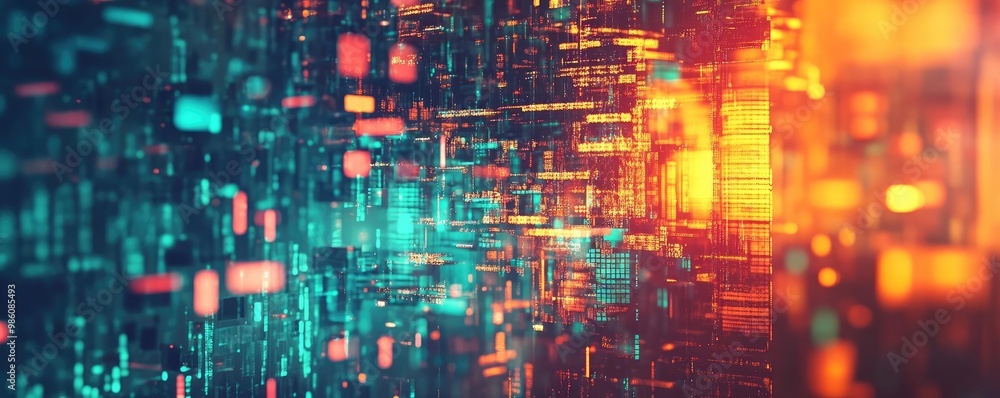Poster abstract digital background featuring vibrant colors and flowing data patterns, ideal for technology