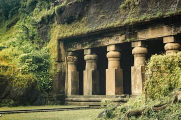 Elephanta Caves in Mumbai, India. Collection of cave temples dedicated to the Hindu god Shiva