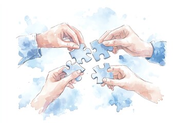 Hands assembling puzzle pieces together on a white background.