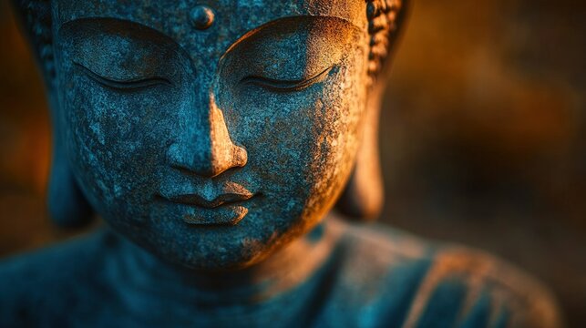 A detailed close-up of a Buddha statue&acirc;&euro;&trade;s face, captured with soft, diffused lighting that emphasizes the smooth texture and tranquil expression. The blurred background creates a contemplative