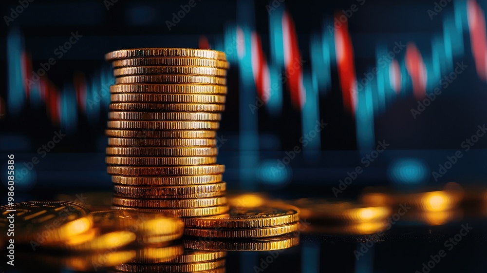 Aufkleber stack of golden coins with a digital financial graph in the background.
