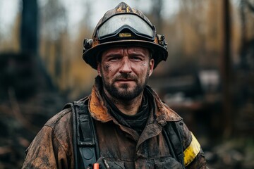 Naklejka premium Brave Firefighter in Uniform Standing Proud and Weary, AI generated illustration