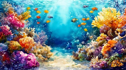 Naklejka premium Colorful coral reef scene featuring vivid marine life and tropical fish swimming in clear blue ocean waters, painted in watercolor.