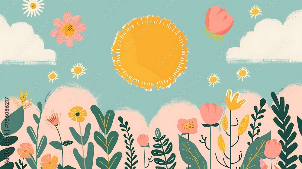 Sticker Summer Flowers Illustration With Blue Sky And Sun