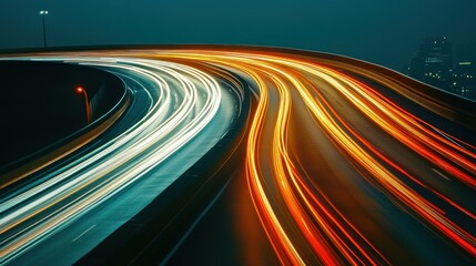 Long exposure of traffic lights at night on a highway.