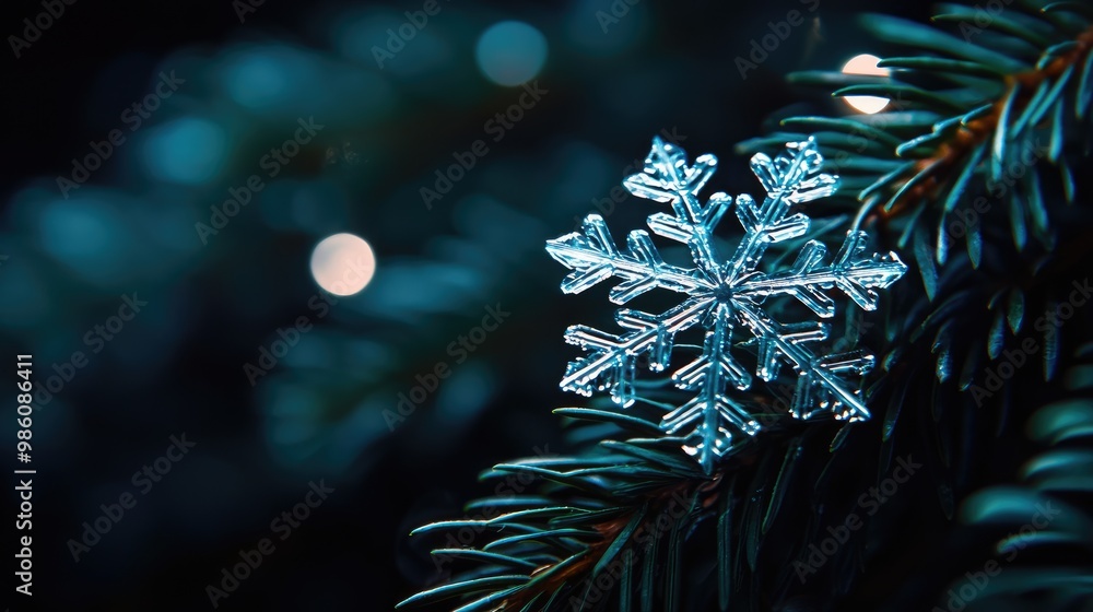 Aufkleber close-up of a snowflake resting on evergreen branches.