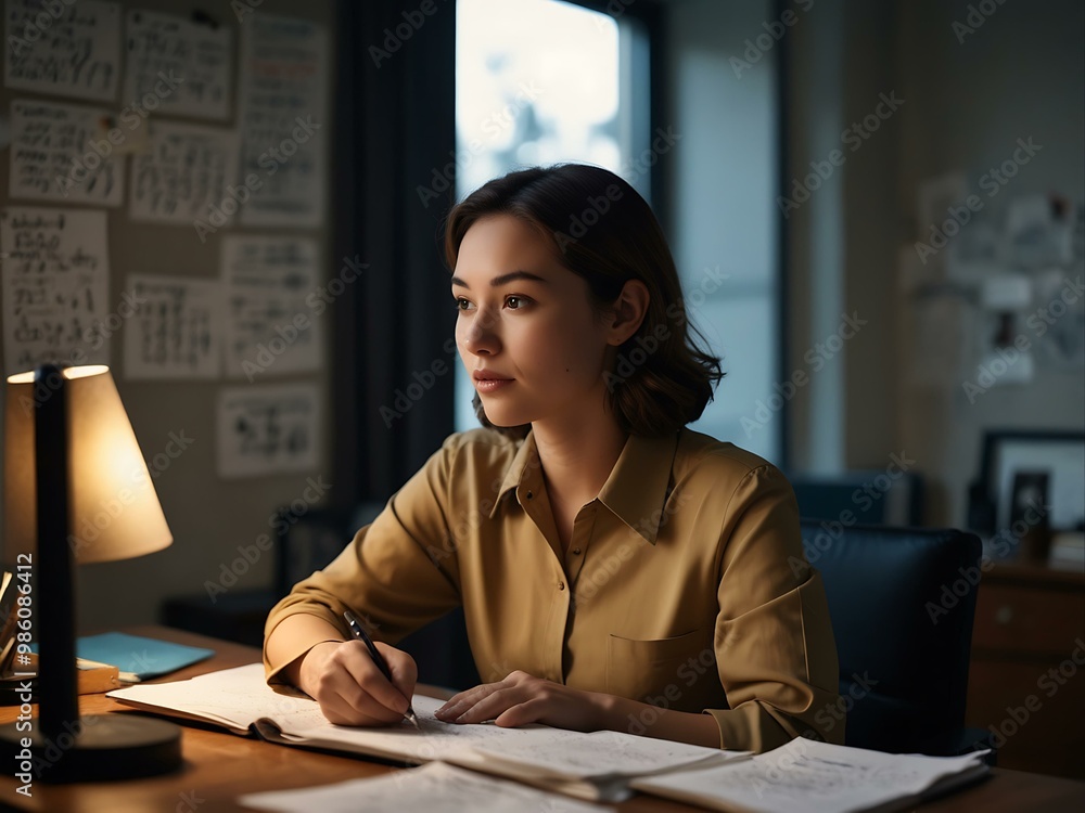 Poster woman working at a desk with notes and a computer.