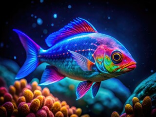 Bioluminescent deep sea fish light up the dark ocean depths, creating a mesmerizing underwater scene filled with vibrant colors and otherworldly beauty.