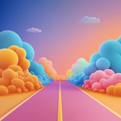 Vibrant and colorful dreamscape road leading through fluffy clouds and a stunning sunset sky, perfect for imaginative and whimsical scenes.