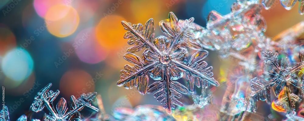 Poster close-up of a beautiful snowflake with intricate details, sparkling against a colorful bokeh backgro